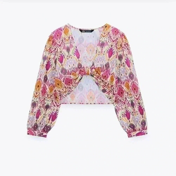 BNWOT Zara boho print top with knot size M - Picture 2 of 5